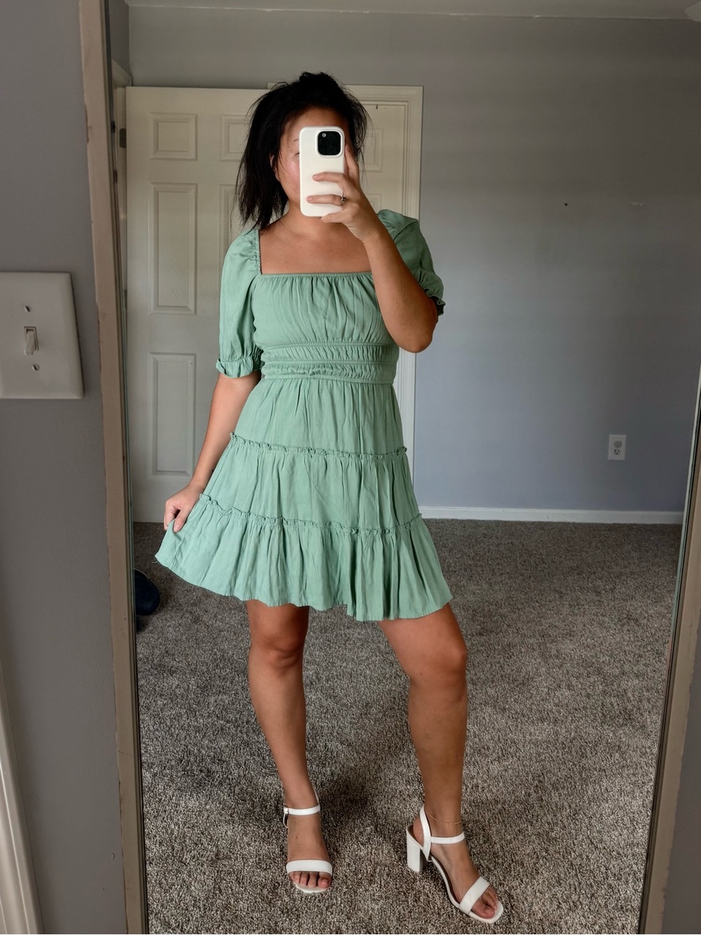 🌿 Sage Green Square-Neck Tiered Mini Dress 🌿